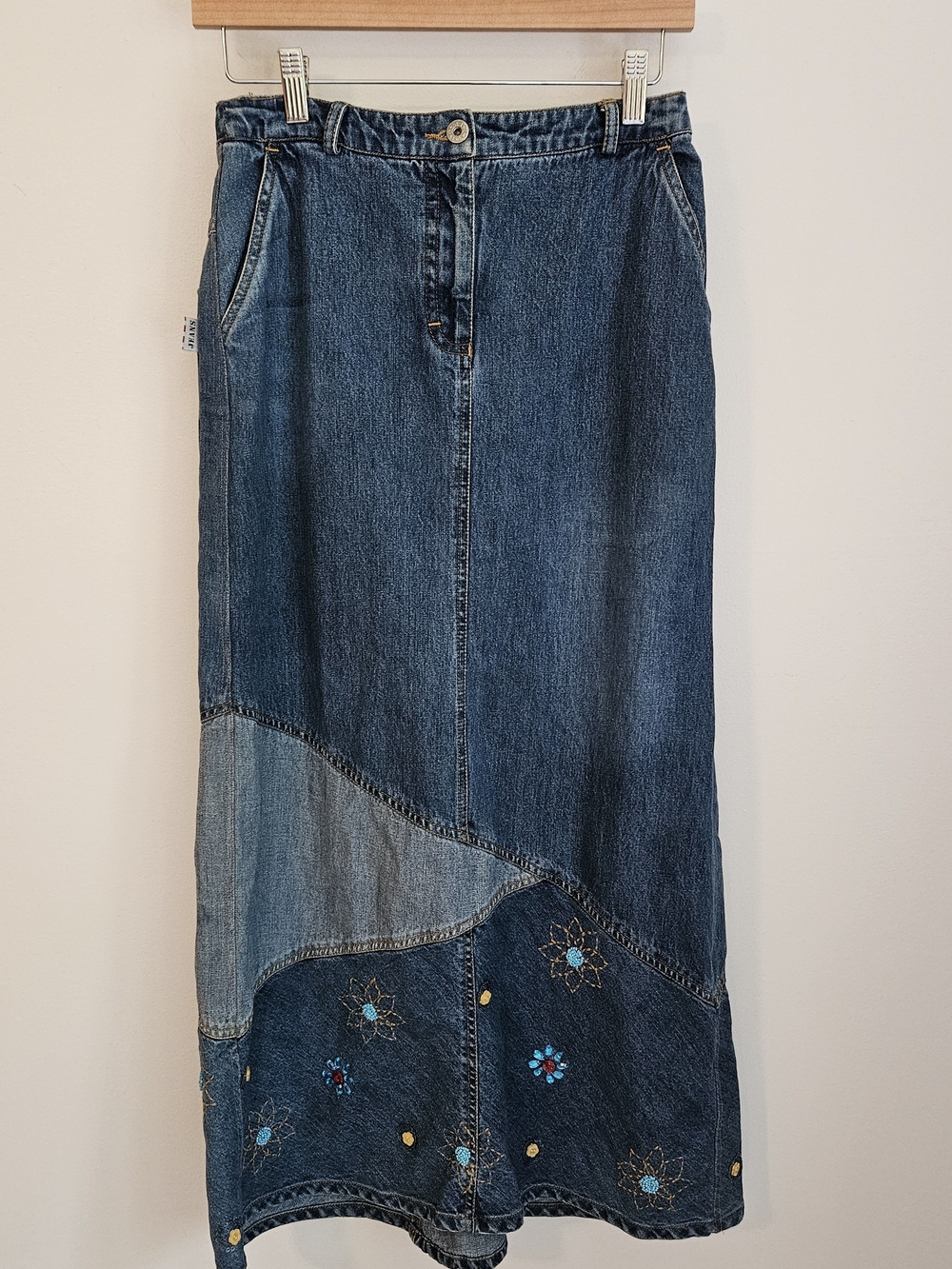 Oilily Vintage Rare Denim Maxi Skirt Beaded & Embroidery Patch Panels Boho, S